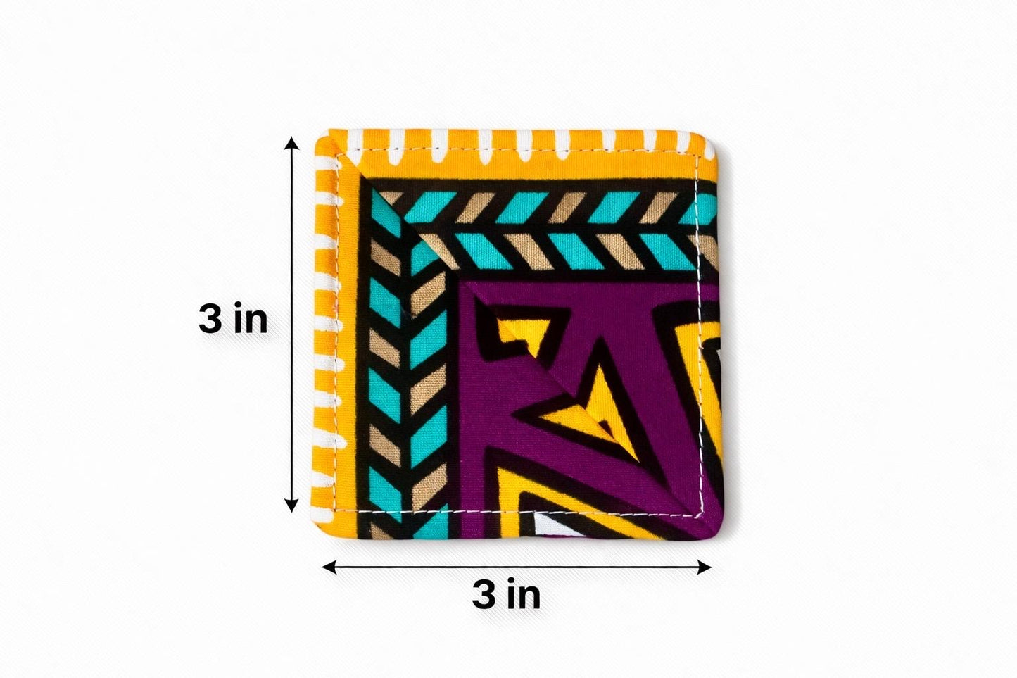 Colorful yellow, purple, green, taupe, & white corner bookmark with abstract design 3x3 dimensions shown on a light gray background