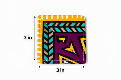 Colorful yellow, purple, green, taupe, & white corner bookmark with abstract design 3x3 dimensions shown on a light gray background