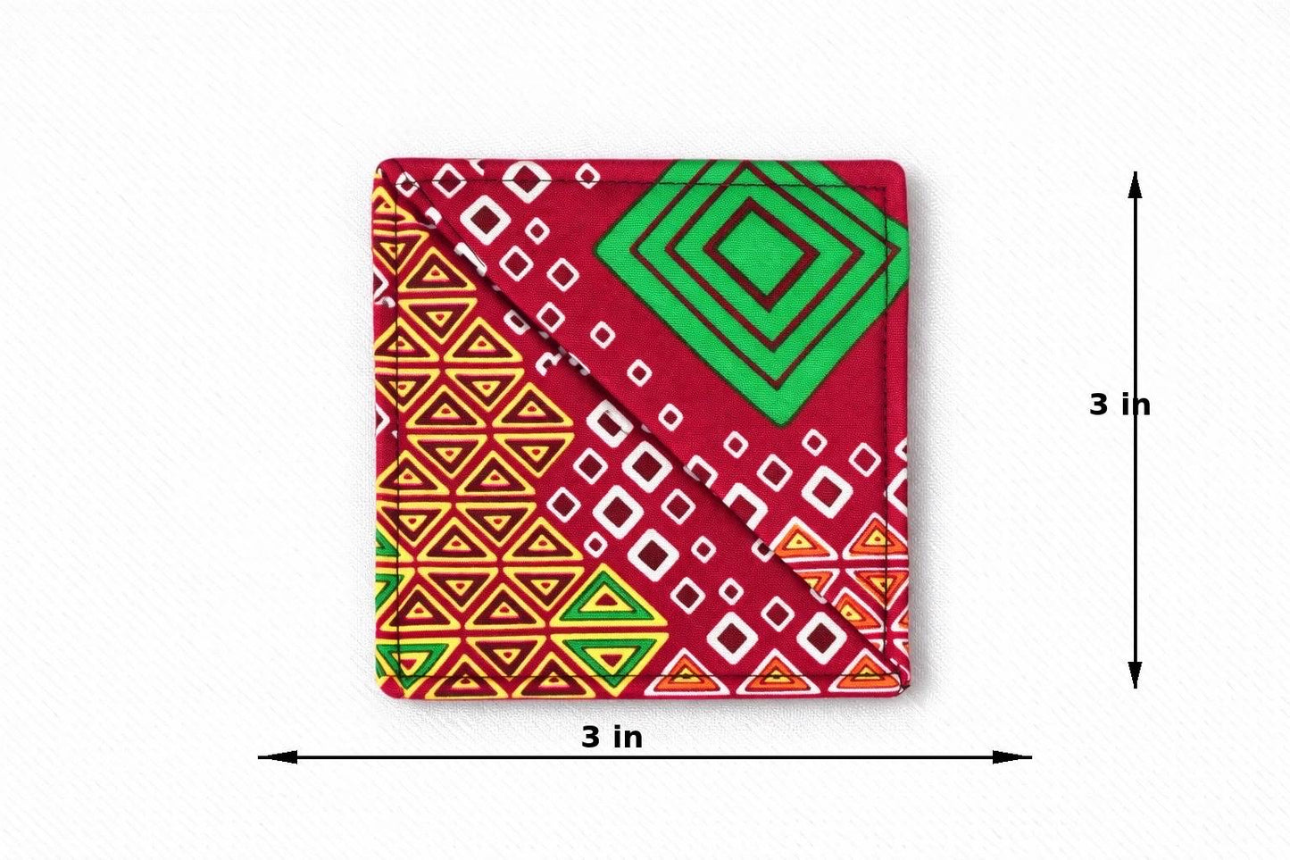Red, yellow, green, & white corner bookmark with abstract design 3x3 dimensions shown on a light gray background