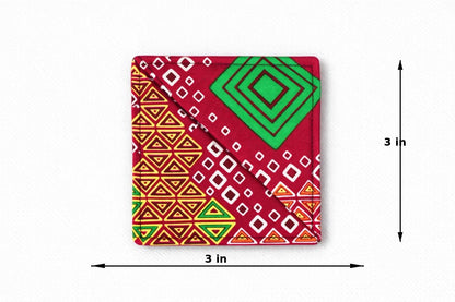Red, yellow, green, & white corner bookmark with abstract design 3x3 dimensions shown on a light gray background