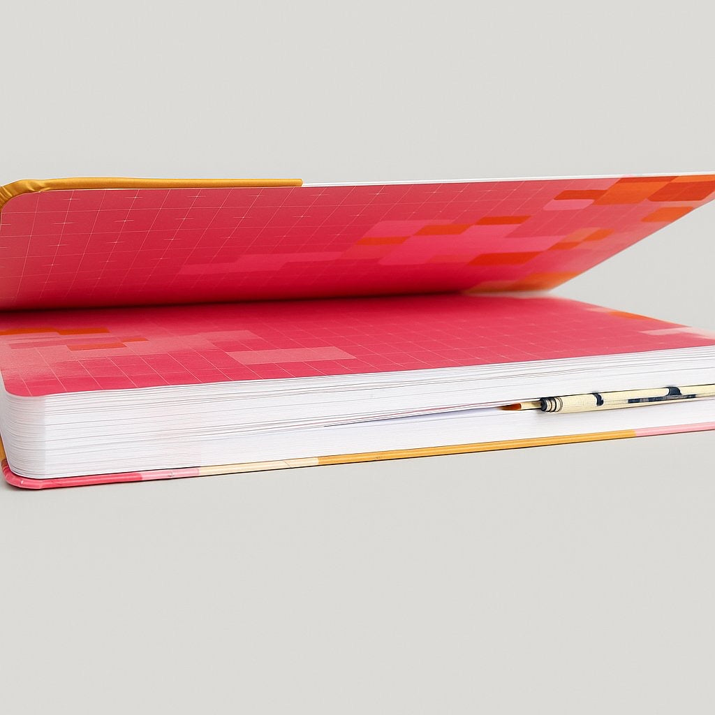 Book with a cream corner bookmark with maroon & blue accents on a gray background