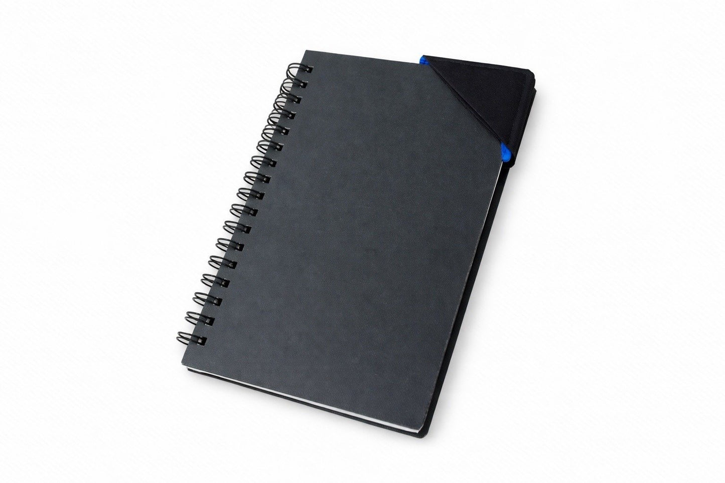 Black spiral-bound notebook with a black, blue, & purple corner bookmark on a light gray background