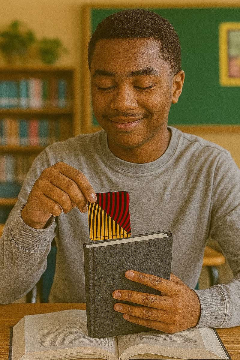 Handmade African fabric bookmark in book lifestyle shot