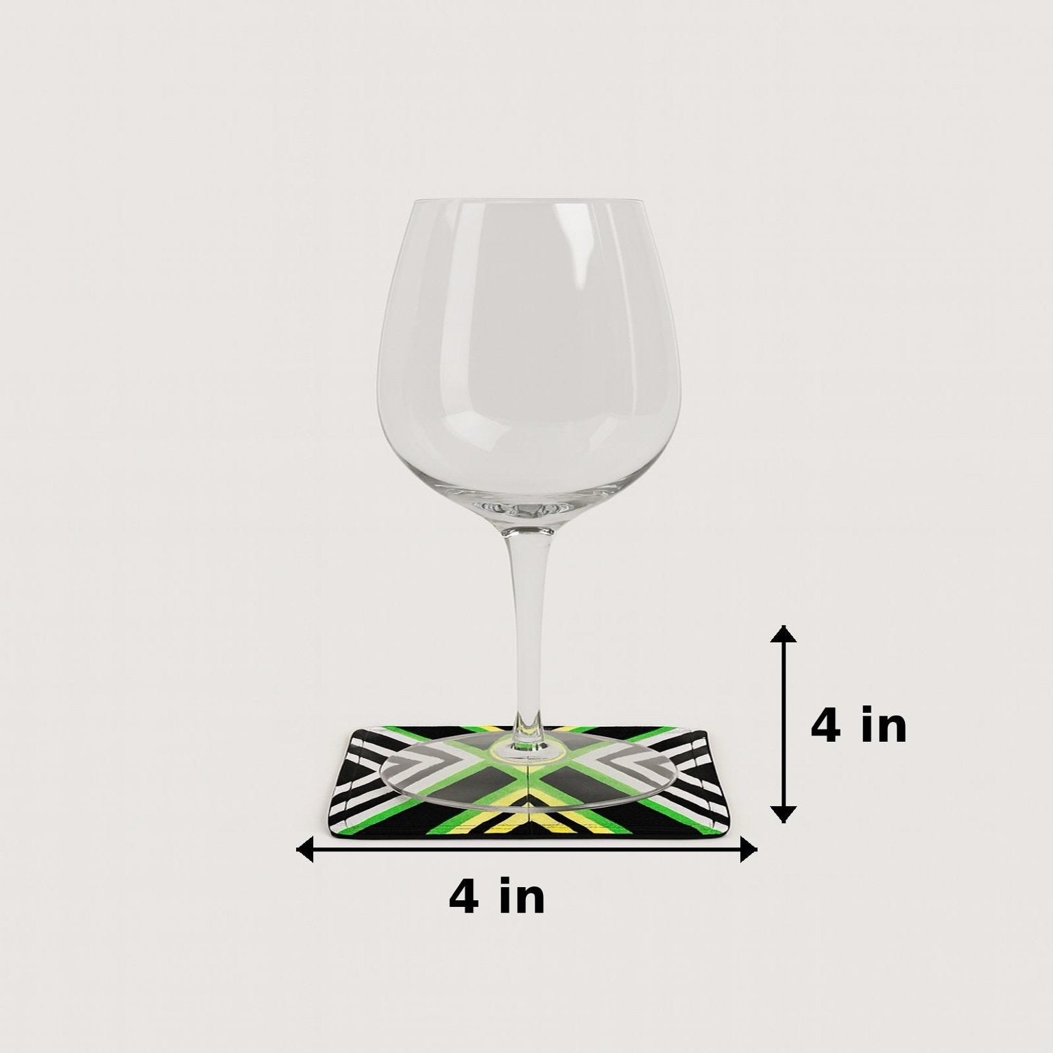 Black, green, yellow, & white patterned fabric coasters dimensions