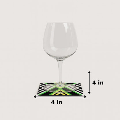 Black, green, yellow, & white patterned fabric coasters dimensions