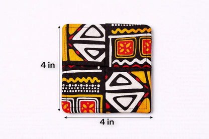 Black, white, orange, red patterned fabric coasters dimensions