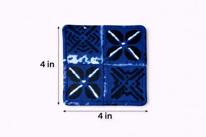 Blue, black, & white patterned fabric coasters dimensions