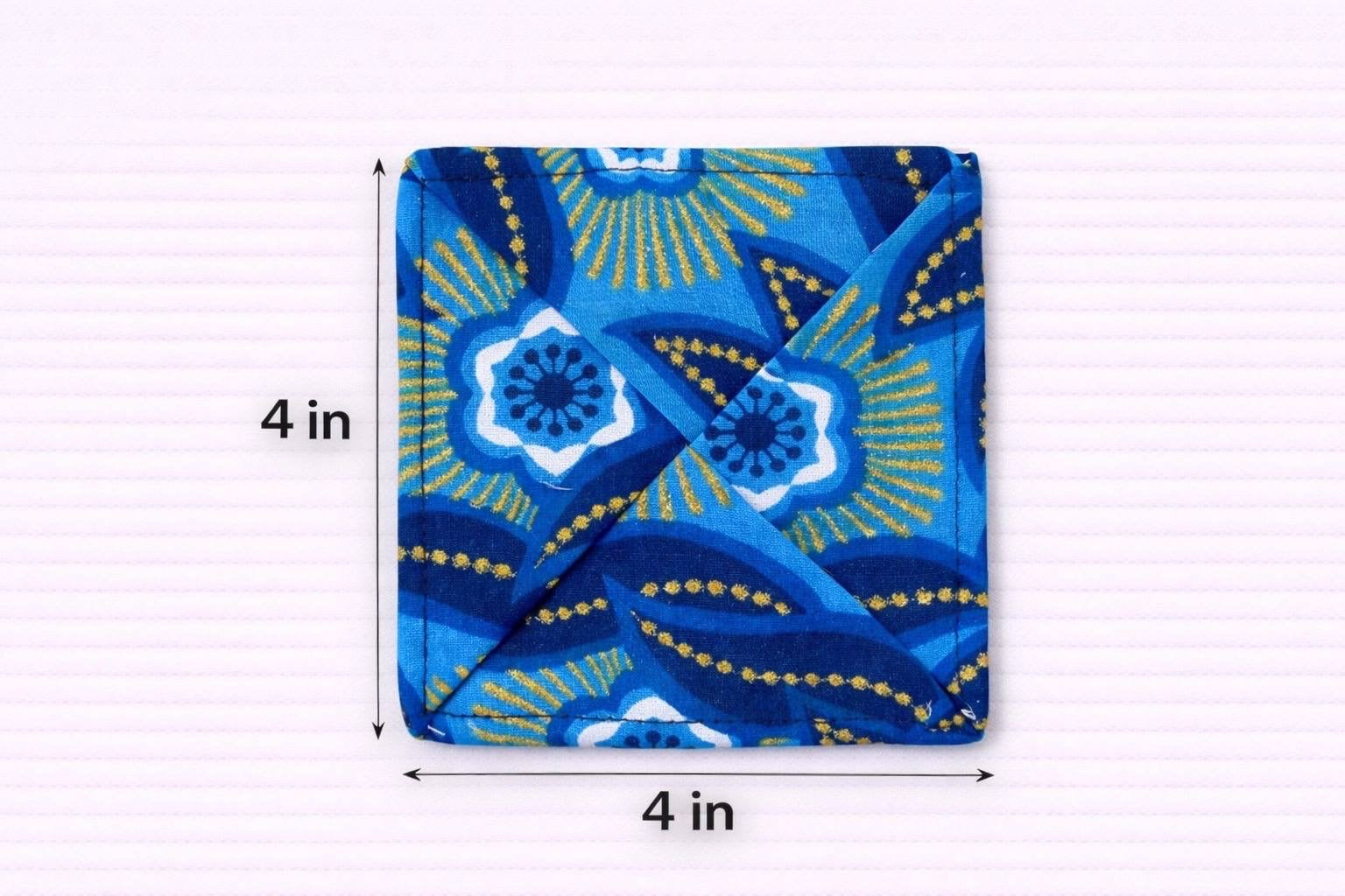 Dark blue, blue, white, & gold patterned fabric coasters dimensions