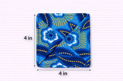 Dark blue, blue, white, & gold patterned fabric coasters dimensions
