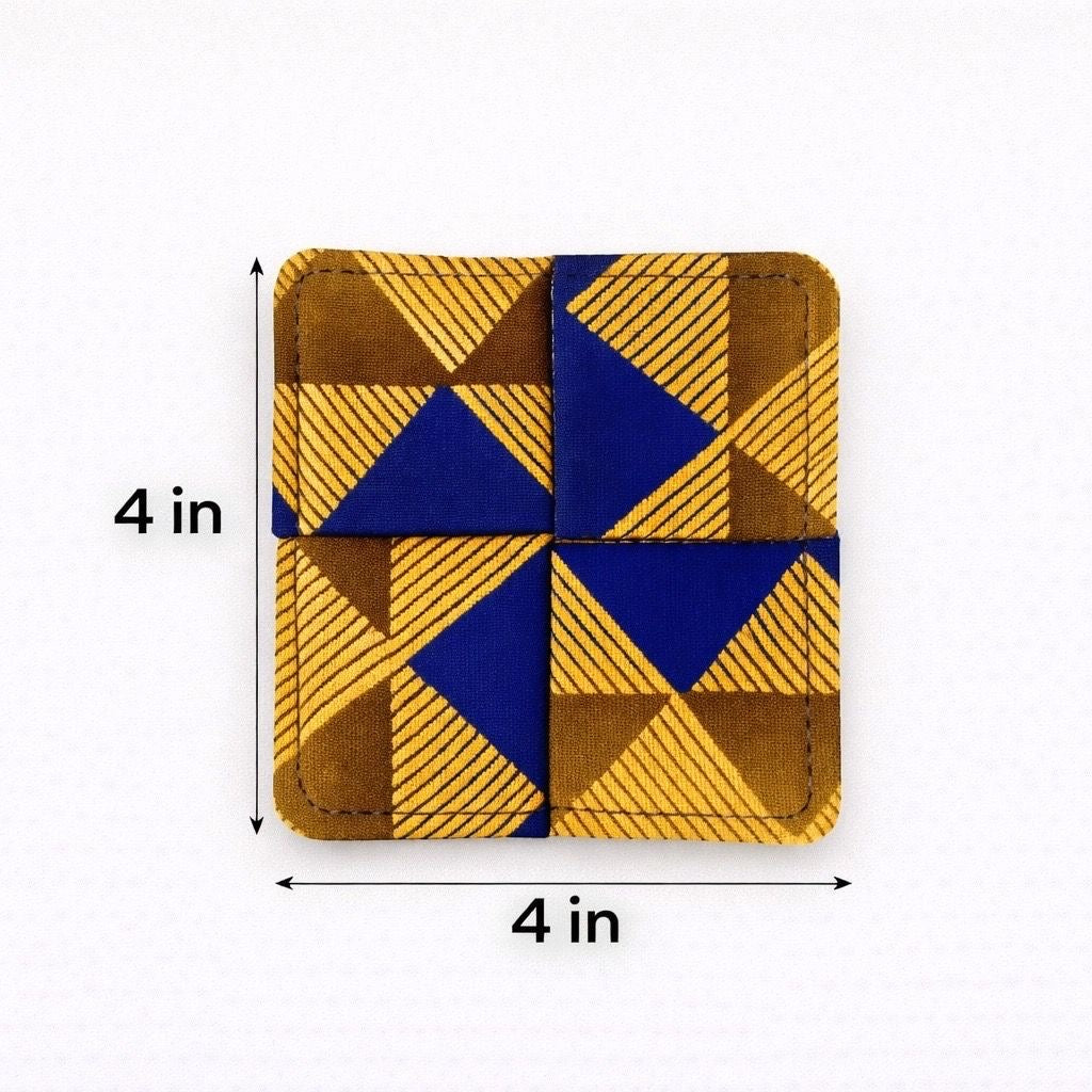 Gold, blue, & brown patterned fabric coasters dimensions