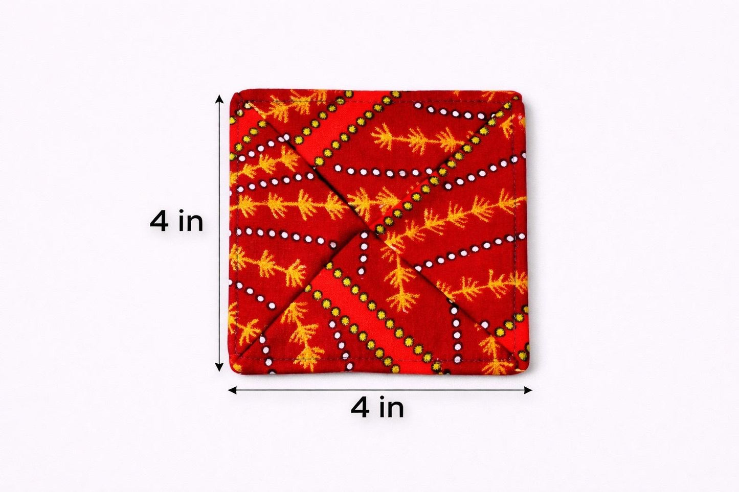 Maroon, orange, white, & gold patterned fabric coasters dimensions