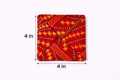 Maroon, orange, white, & gold patterned fabric coasters dimensions