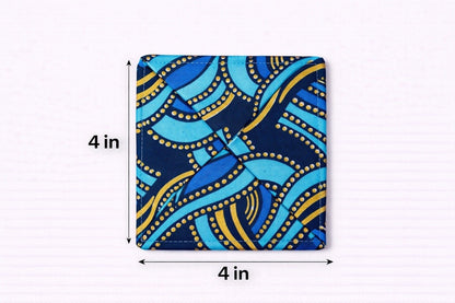 Turquoise, dark blue, & gold patterned fabric coasters dimensions