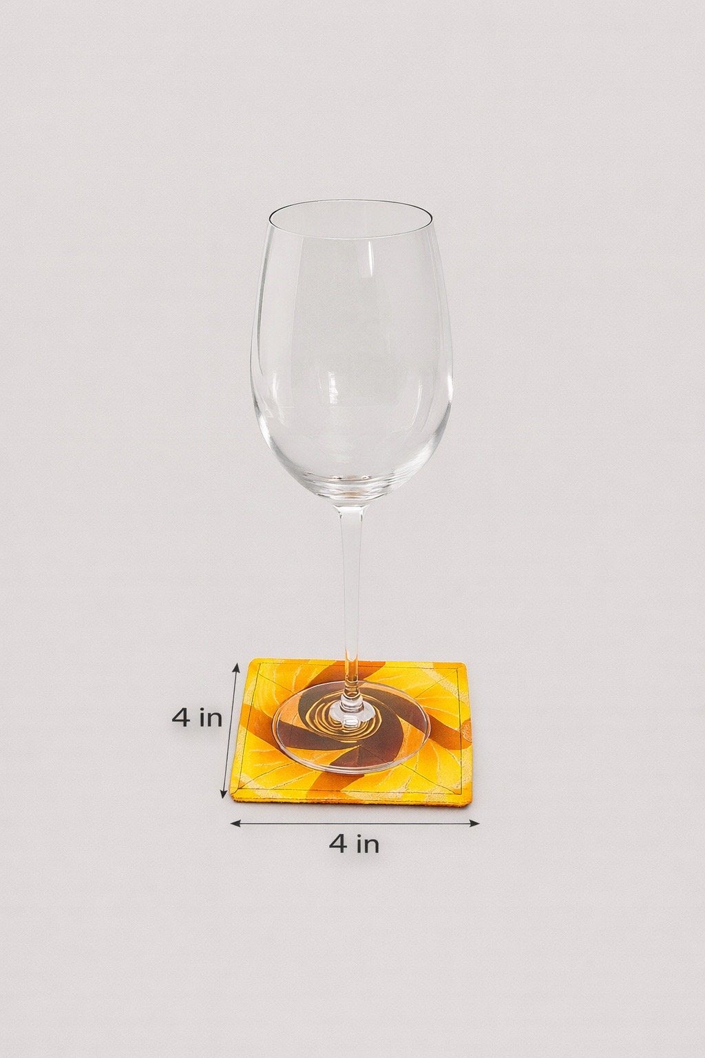 Yellow, brown, orange, & gold patterned fabric coasters dimensions