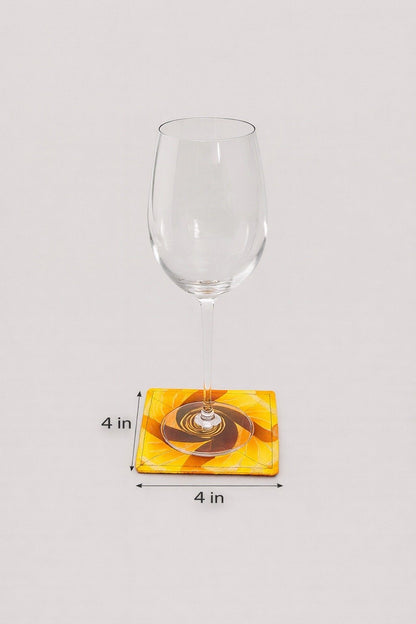 Yellow, brown, orange, & gold patterned fabric coasters dimensions
