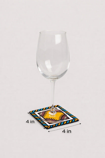 Purple, green, yellow, beige, white, & black patterned fabric coasters dimensions