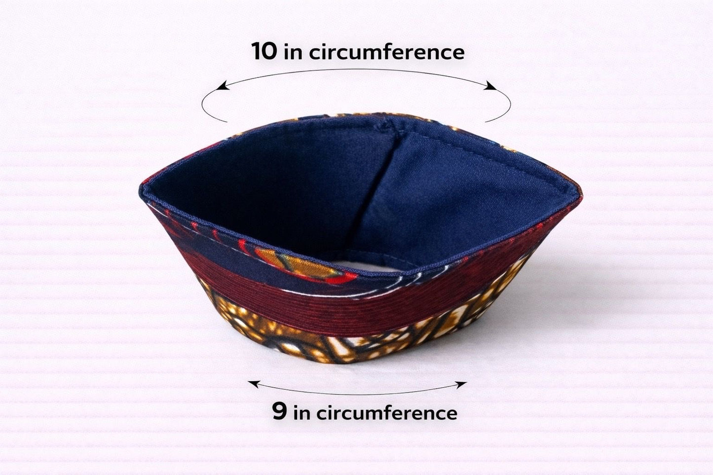 Cream, dark blue, brown, red, & white patterned fabric cup sleeve dimensions