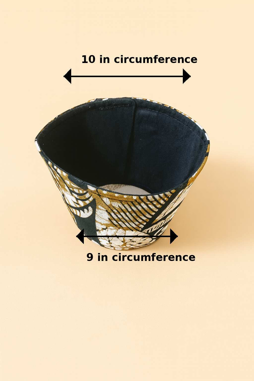 Cream, black, & gold patterned fabric cup sleeve dimensions