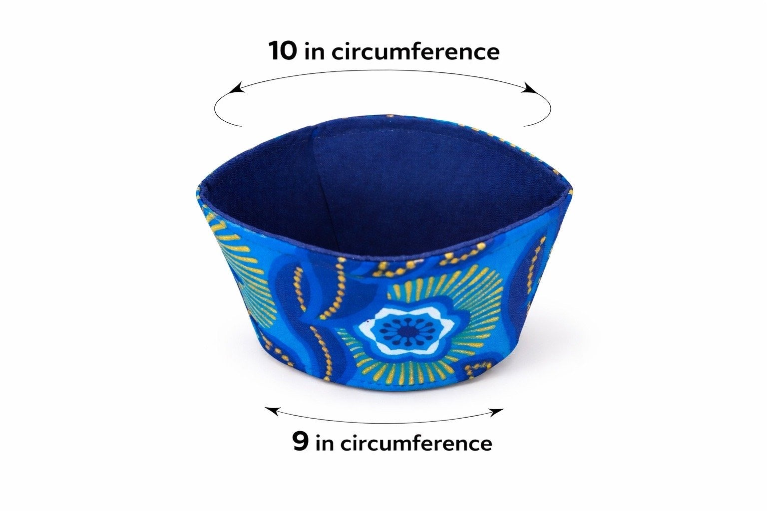 Dark blue, blue, white, & gold patterned fabric cup sleeve dimensions