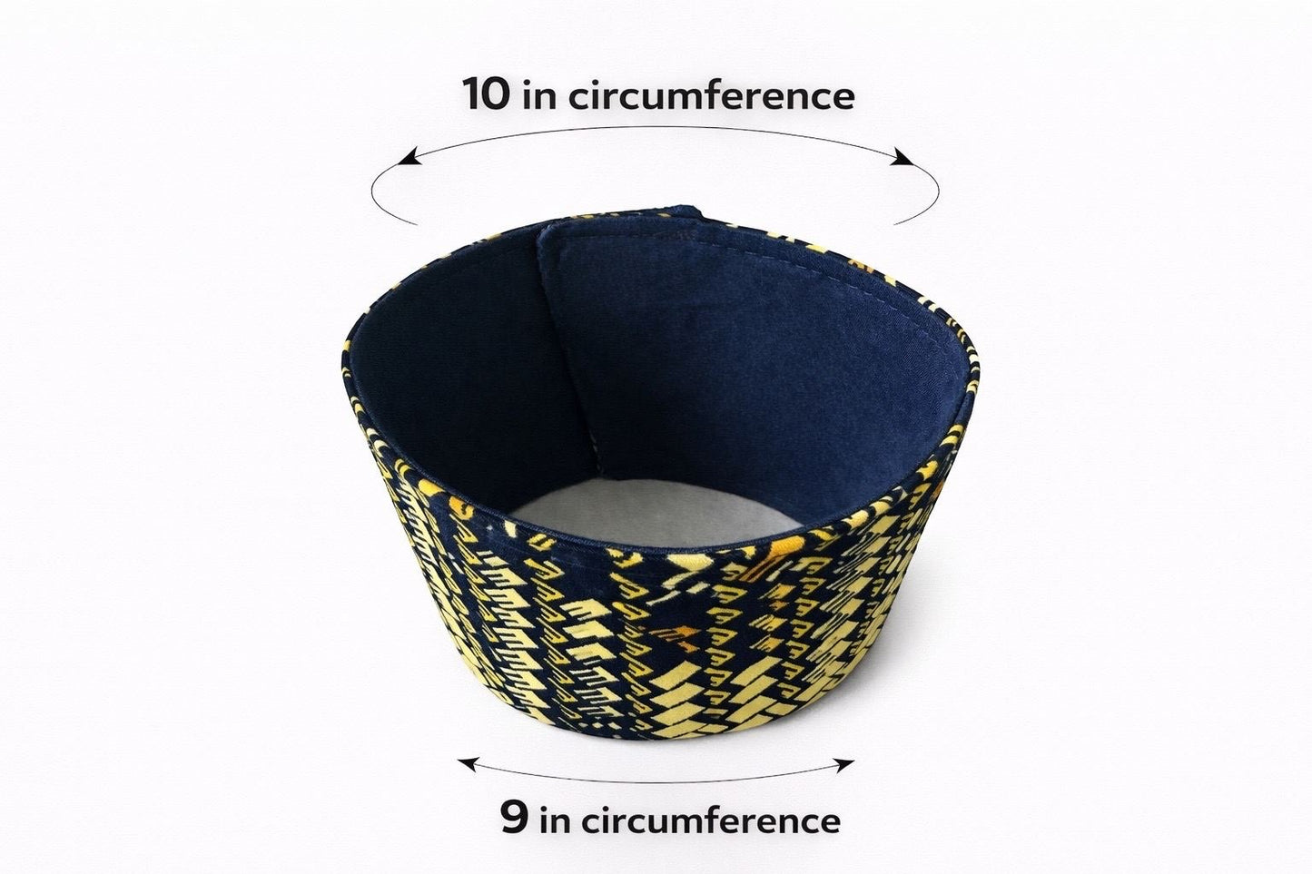 Dark blue, yellow, gold, & red patterned fabric cup sleeve dimensions