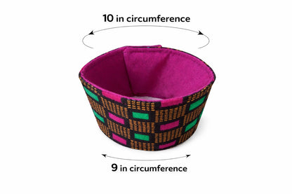 Fuchsia, blue, green, dark brown, & gold patterned fabric cup sleeve dimensions