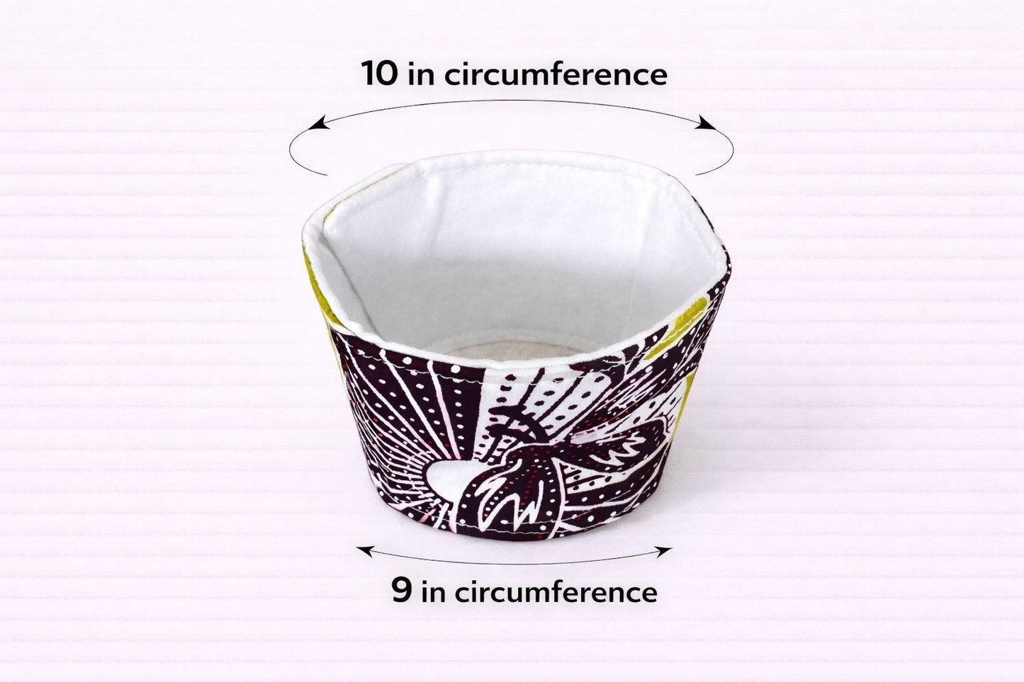 Green, dark brown, & white patterned fabric cup sleeve dimensions