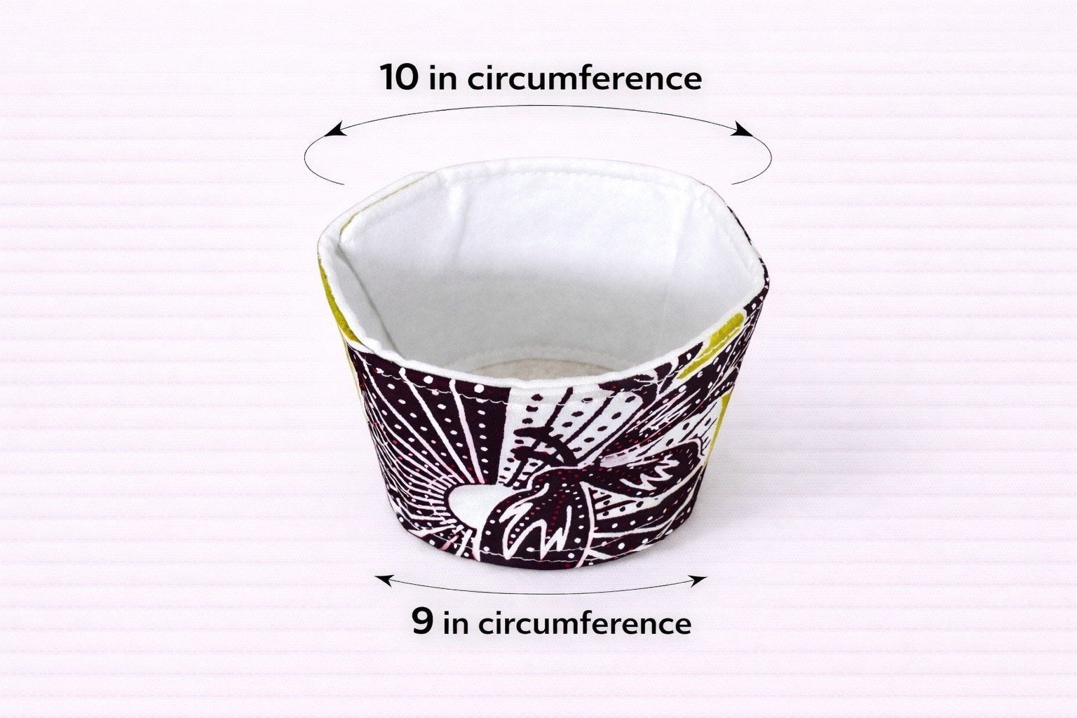 Green, dark brown, & white patterned fabric cup sleeve dimensions