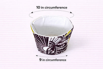 Green, dark brown, & white patterned fabric cup sleeve dimensions