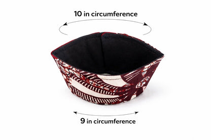 Red, dark brown, & cream patterned fabric cup sleeve dimensions