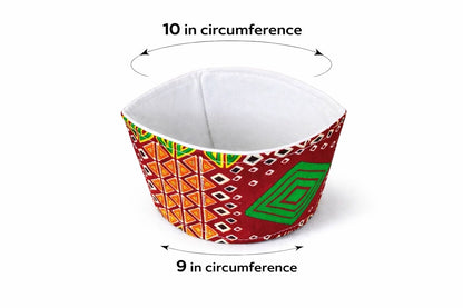 Red, green, orange, yellow, & white patterned fabric cup sleeve dimensions