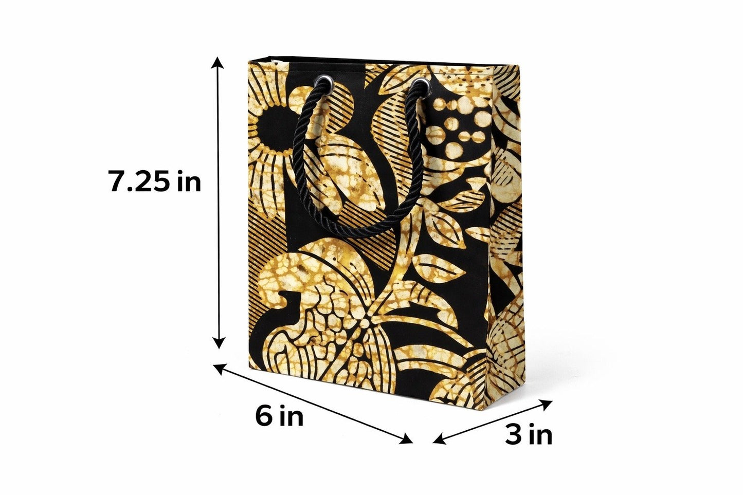 Cream, black, & gold extra small gift bag with abstract design 7.25H in x 6W in x 3D in dimensions shown on a white background