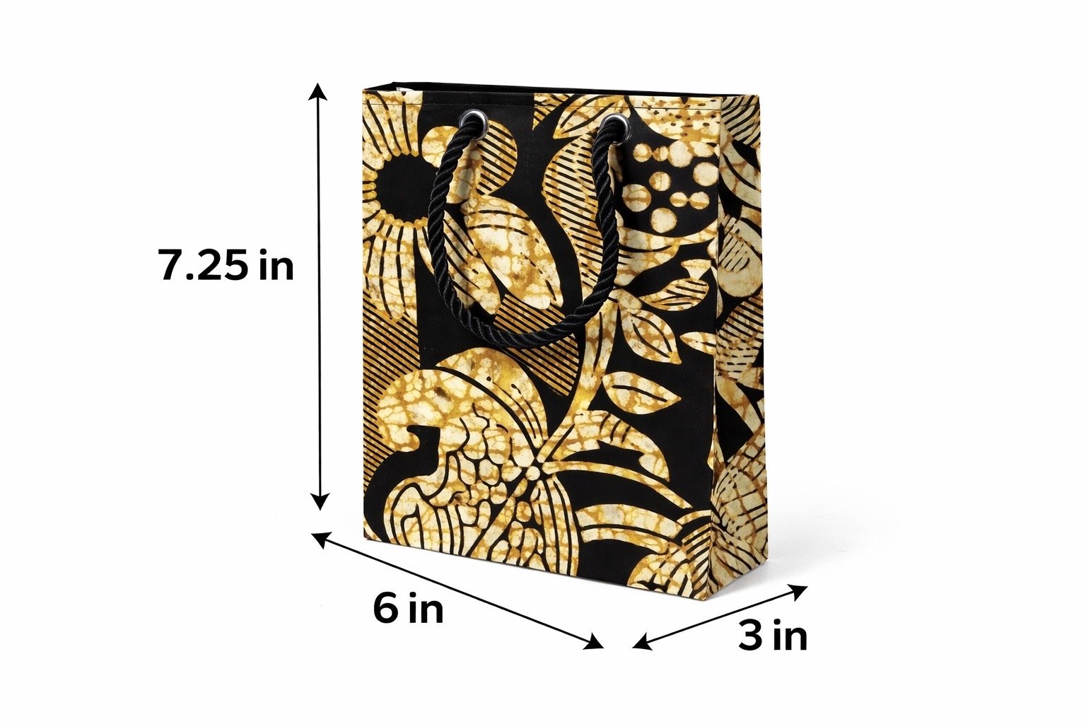 Cream, black, & gold extra small gift bag with abstract design 7.25H in x 6W in x 3D in dimensions shown on a white background