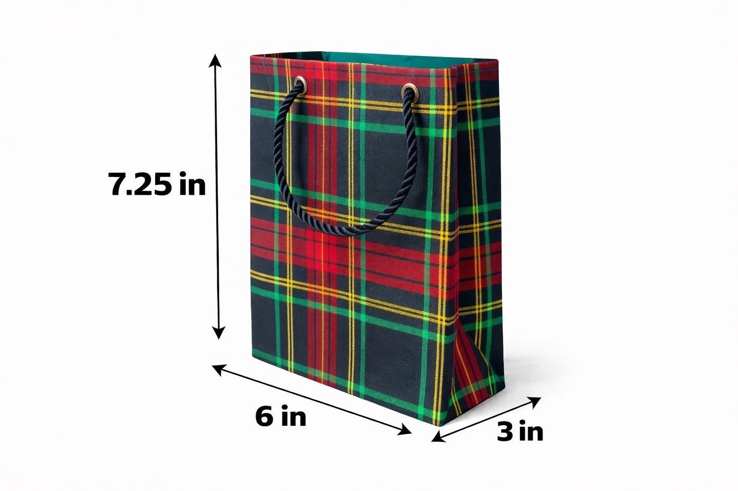 Black, green, red, & gold extra small gift bag with abstract design 7.25H in x 6W in x 3D in dimensions shown on a white background