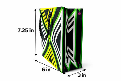 Black, green, yellow, & white extra small gift bag with abstract design 7.25H in x 6W in x 3D in dimensions shown on a white background