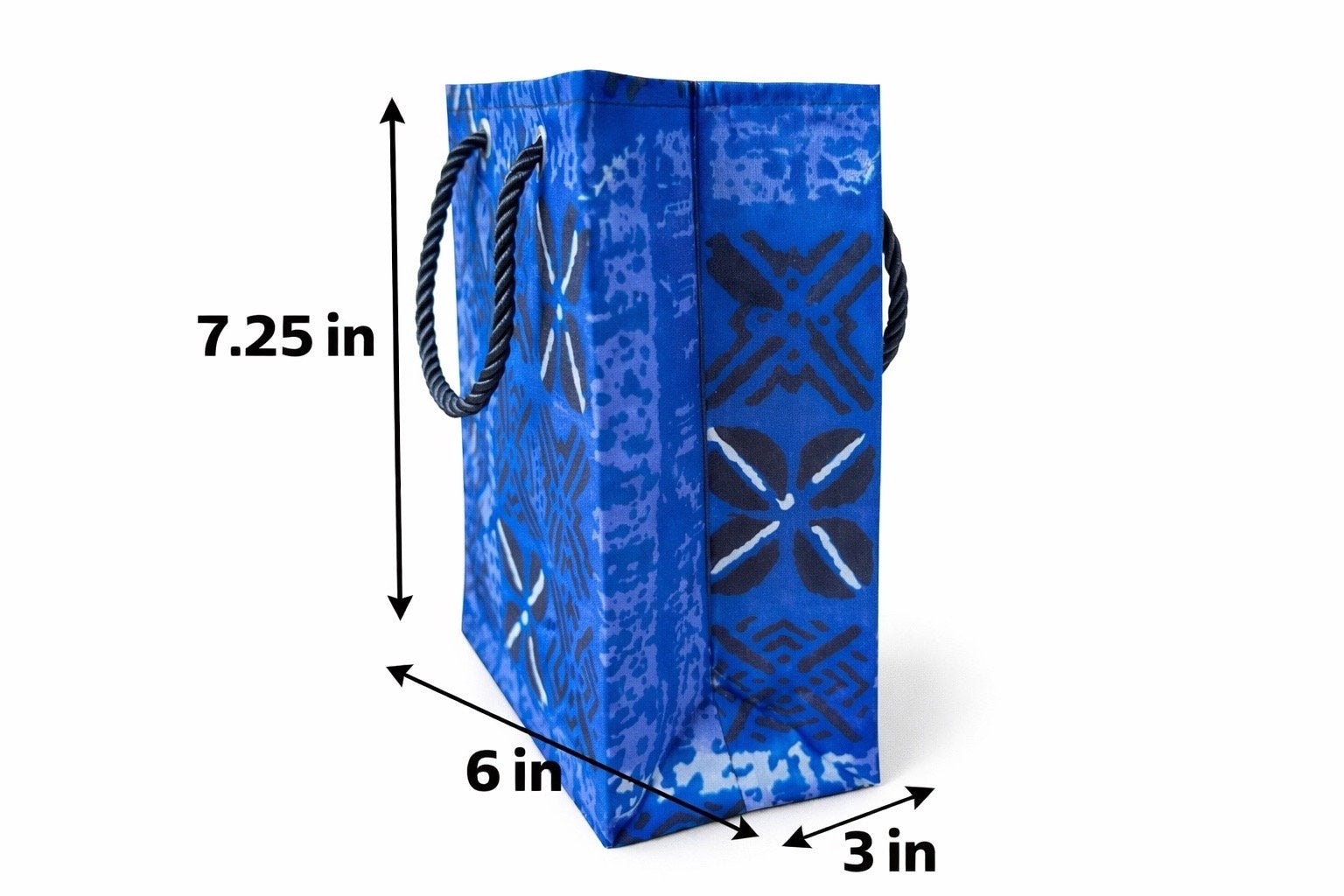 Blue, black, & white extra small gift bag with abstract design 7.25H in x 6W in x 3D in dimensions shown on a white background