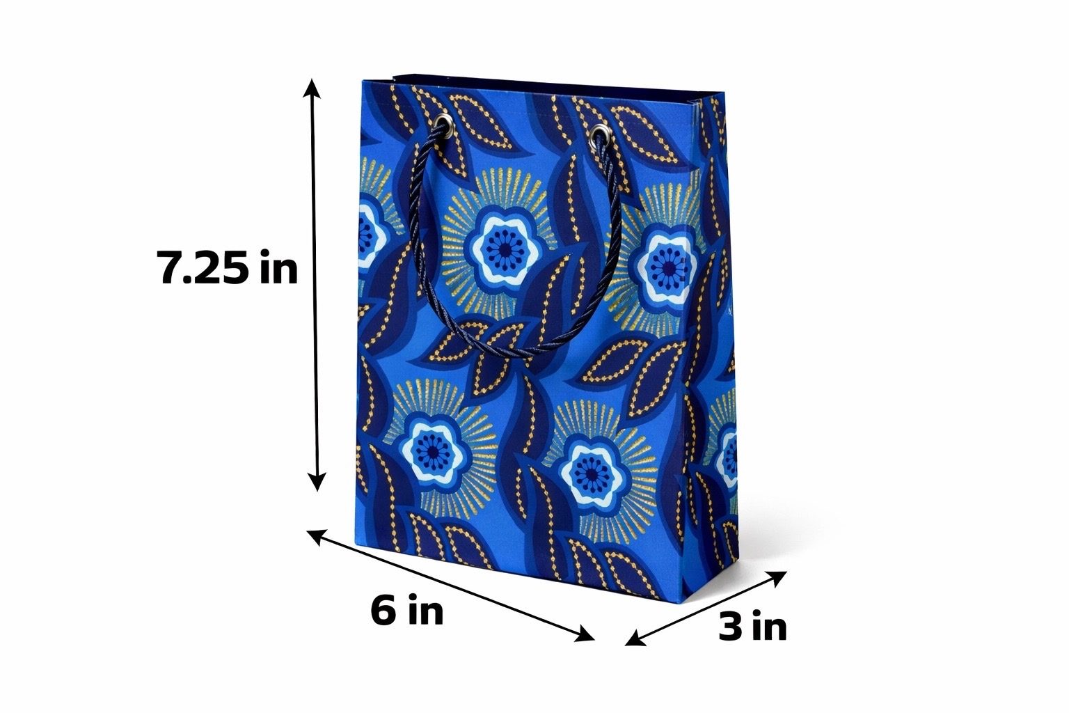 Blue, dark blue, white, & gold extra small gift bag with abstract design 7.25H in x 6W in x 3D in dimensions shown on a white background