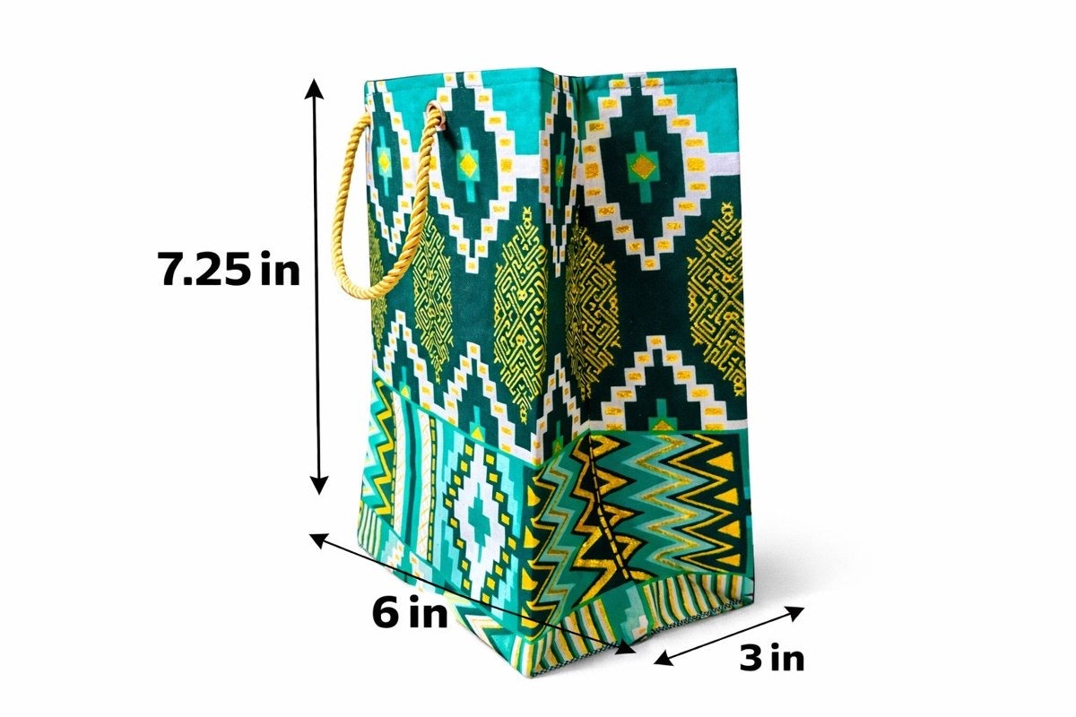 Dark green, green, white, & gold extra small gift bag with abstract design 7.25H in x 6W in x 3D in dimensions shown on a white background