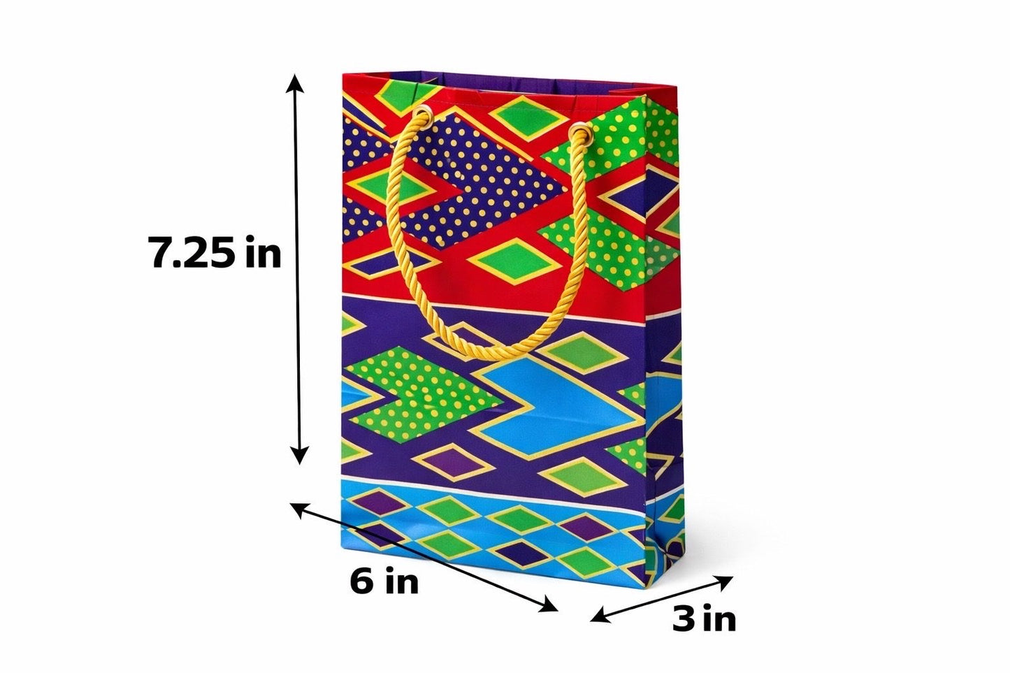 Dark purple, green, red, turquoise, & gold extra small gift bag with abstract design 7.25H in x 6W in x 3D in dimensions shown on a white background