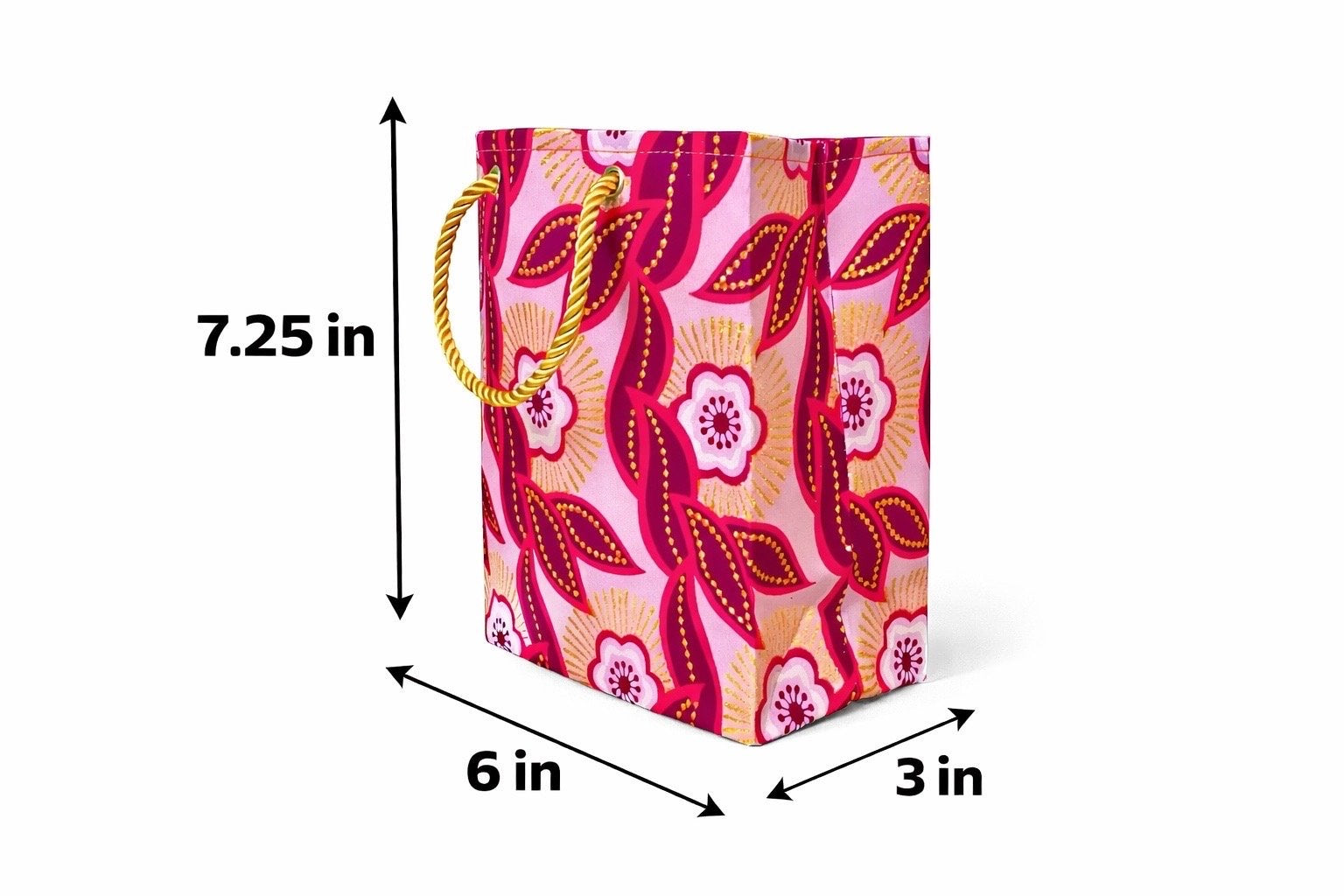 Fuchsia, pink, white, & gold extra small gift bag with abstract design 7.25H in x 6W in x 3D in dimensions shown on a white background