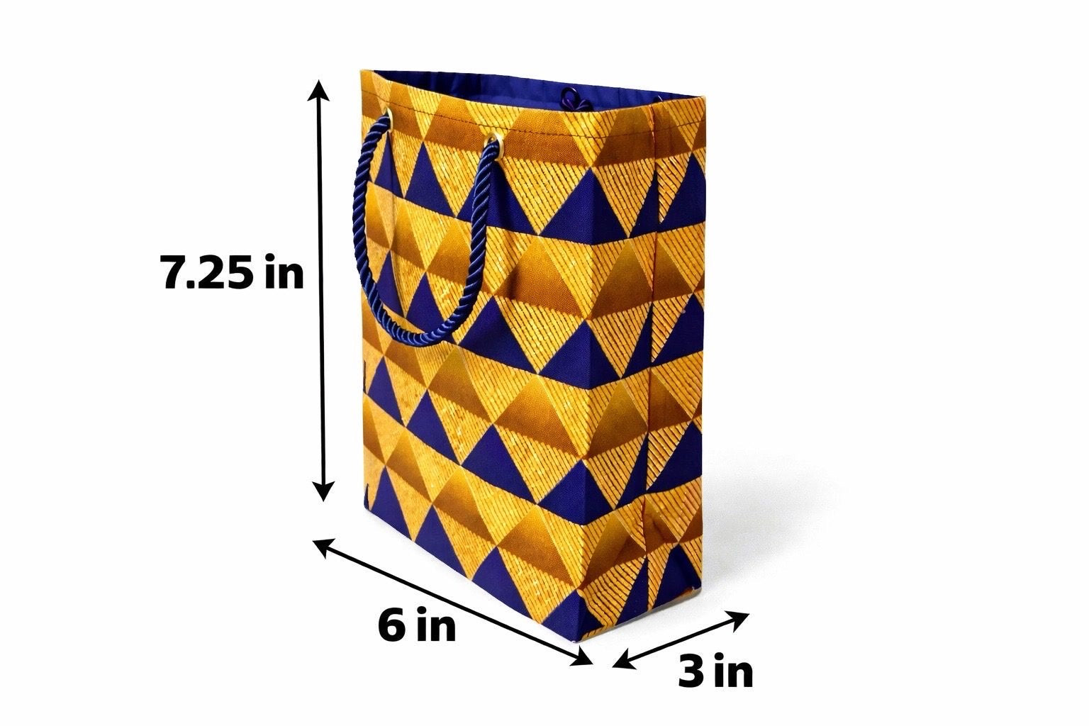 Gold, dark blue, & brown extra small gift bag with abstract design 7.25H in x 6W in x 3D in dimensions shown on a white background
