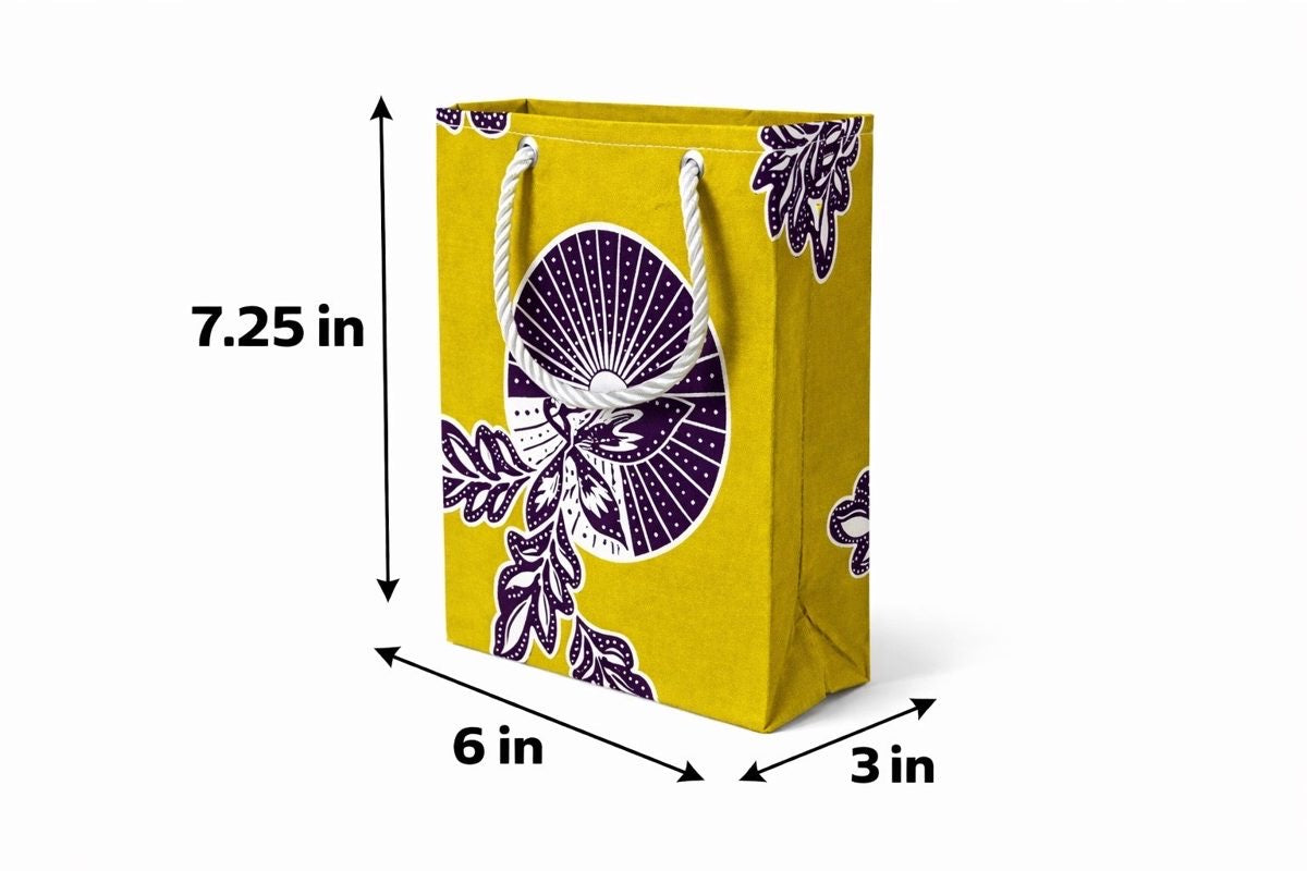 Olive green, dark brown, & white extra small gift bag with abstract design 7.25H in x 6W in x 3D in dimensions shown on a white background
