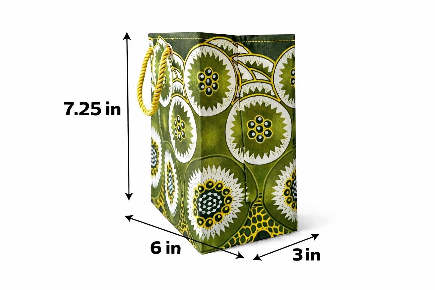 Olive green, dark green, white, & gold extra small gift bag with abstract design 7.25H in x 6W in x 3D in dimensions shown on a white background