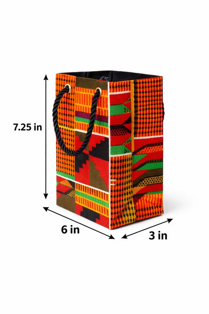 Orange, red, green, black & white extra small gift bag with abstract design 7.25H in x 6W in x 3D in dimensions shown on a white background