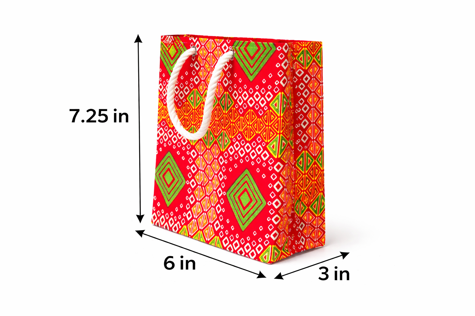 Red, orange, yellow, green, & white extra small gift bag with abstract design 7.25H in x 6W in x 3D in dimensions shown on a white background