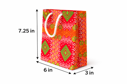 Red, orange, yellow, green, & white extra small gift bag with abstract design 7.25H in x 6W in x 3D in dimensions shown on a white background