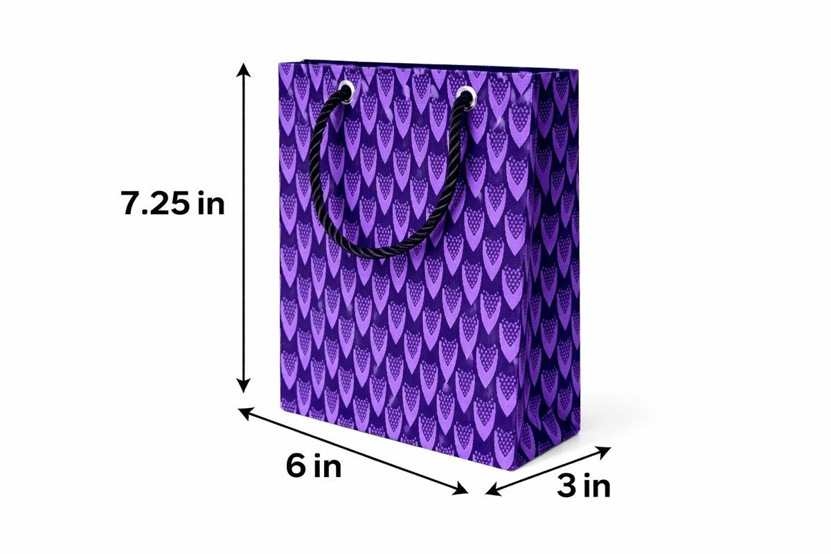 Purple and black extra small gift bag with abstract design 7.25H in x 6W in x 3D in dimensions shown on a white background
