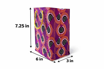 Purple, black, white, & gold extra small gift bag with abstract design 7.25H in x 6W in x 3D in dimensions shown on a white background