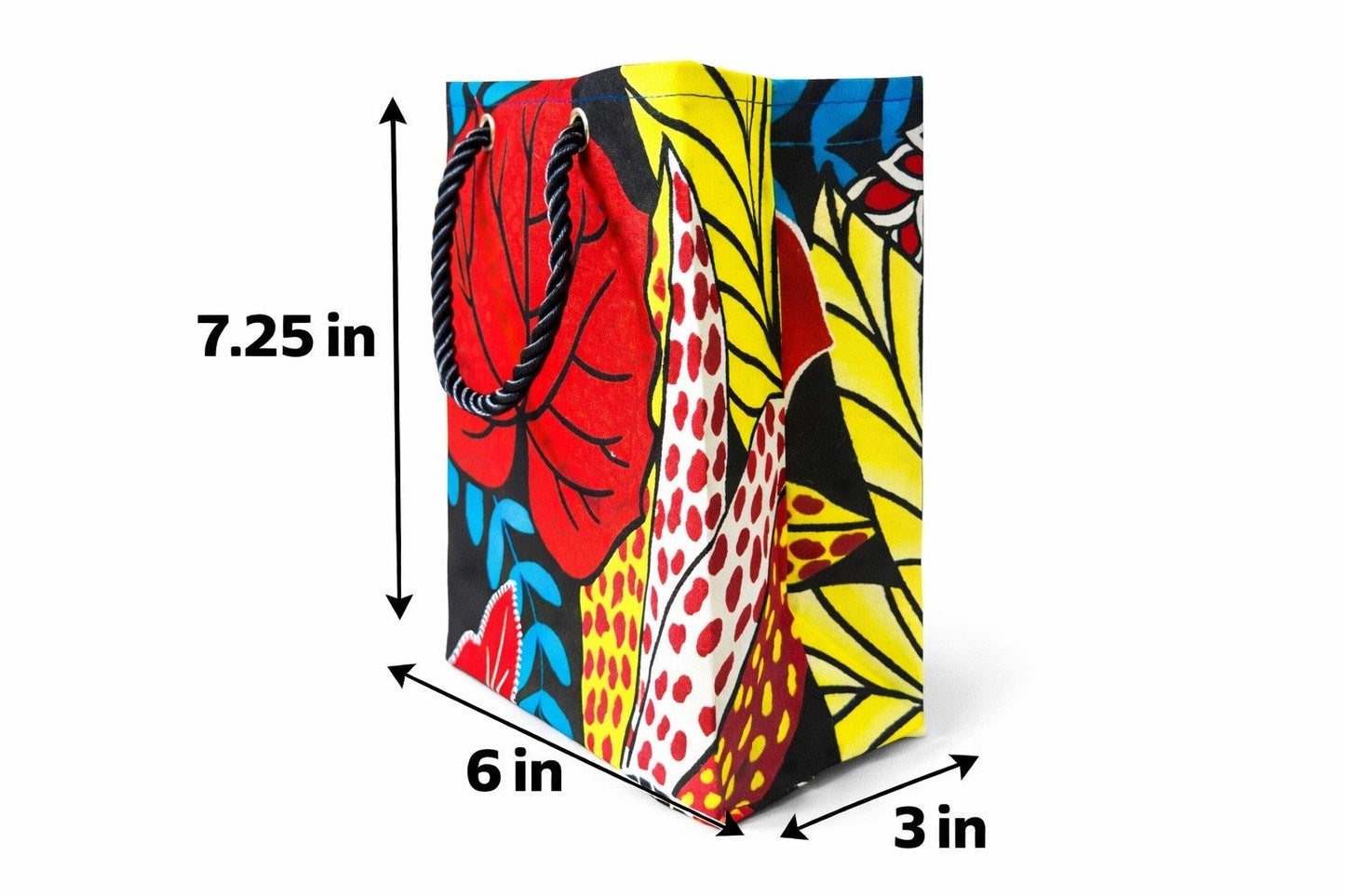 Red, black, aqua, yellow, red, & white extra small gift bag with abstract design 7.25H in x 6W in x 3D in dimensions shown on a white background