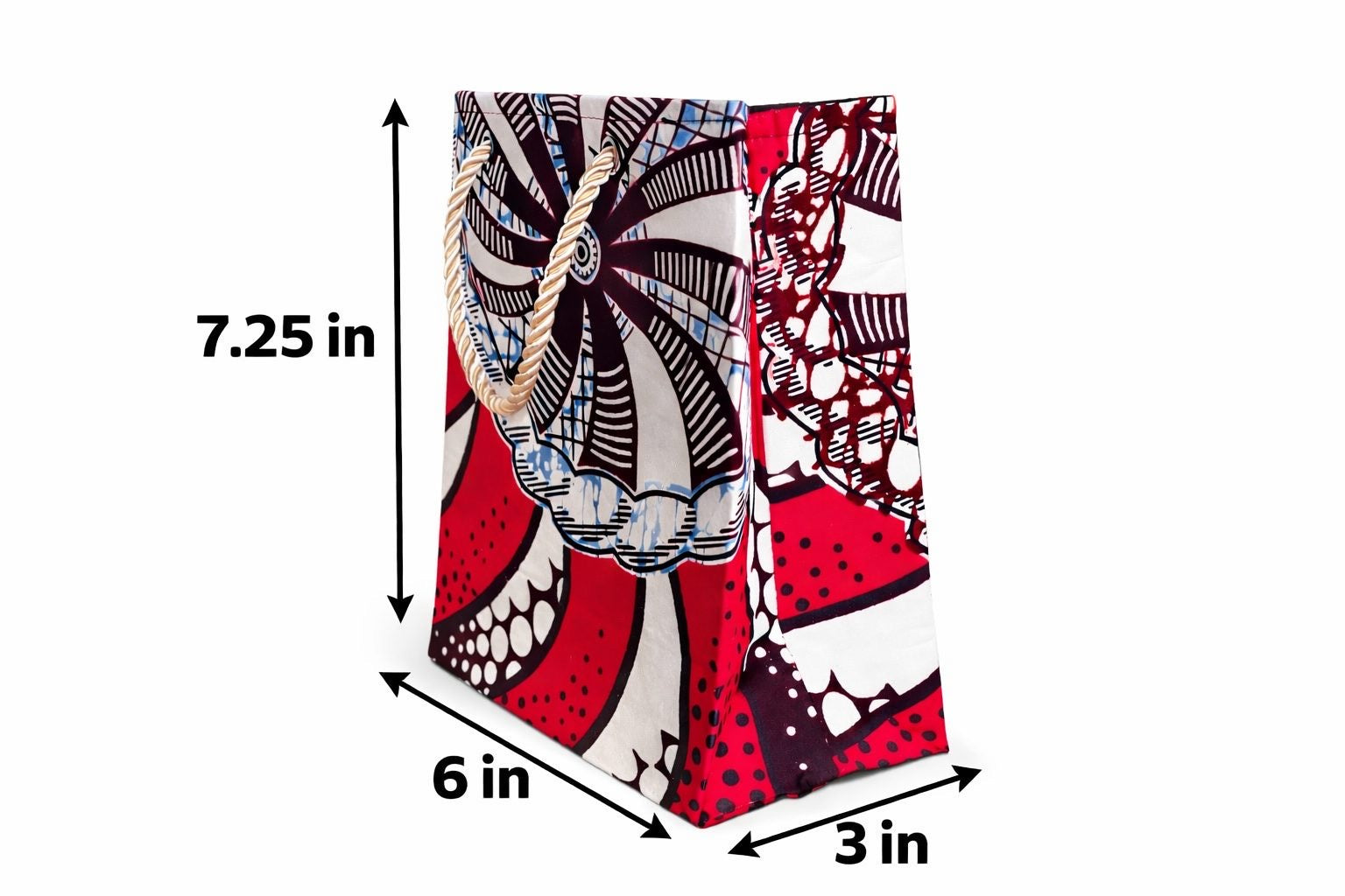 Red, dark brown, cream,  blue extra small gift bag with abstract design 7.25H in x 6W in x 3D in dimensions shown on a white background