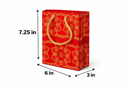Red, maroon, & gold extra small gift bag with abstract design 7.25H in x 6W in x 3D in dimensions shown on a white background